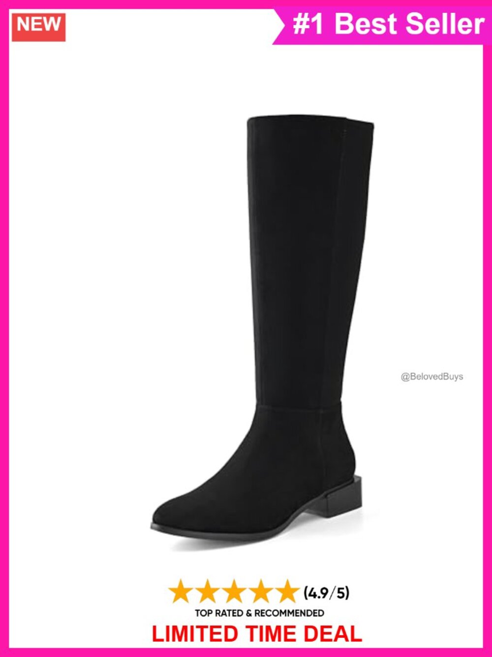 Suede Knee High Boots Chunky Low Heel Pointed Toe Side Zipper - Picture 1 of 6